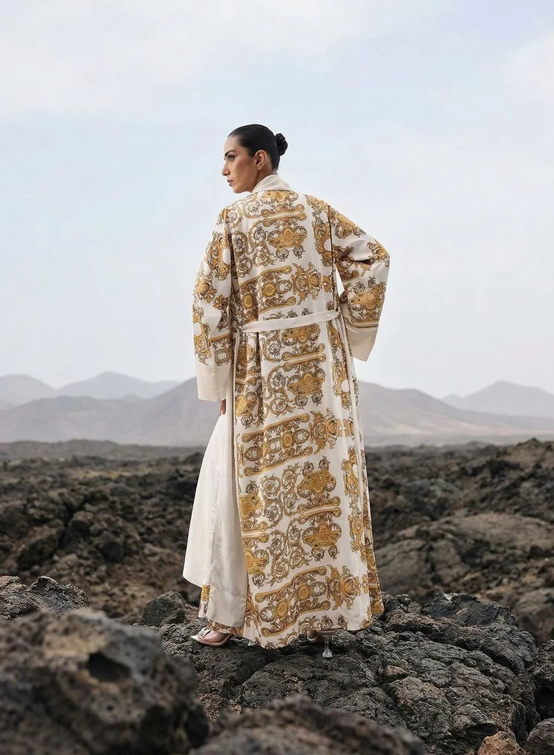 ISHIN Off White Baroque print layered Abaya with Hijab